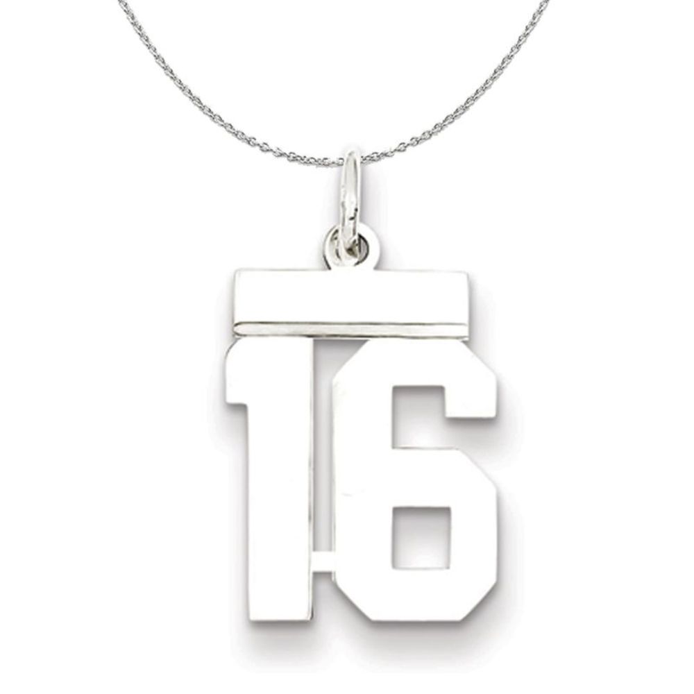 Silver, Athletic Collection, Small Polished Number 16 Necklace - 20 In